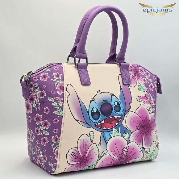 Loungefly Disney Lilo and Stitch Flowers Floral Purple Satchel Bag Purse New - Picture 2 of 8